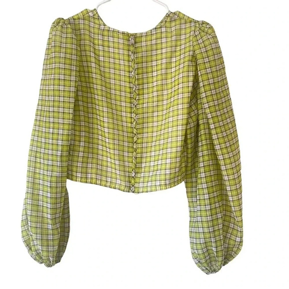 Ganni Womens 8 - 10 Yellow Plaid Organza Puffed Sleeve Cropped Top Blouse - Picture 8 of 15
